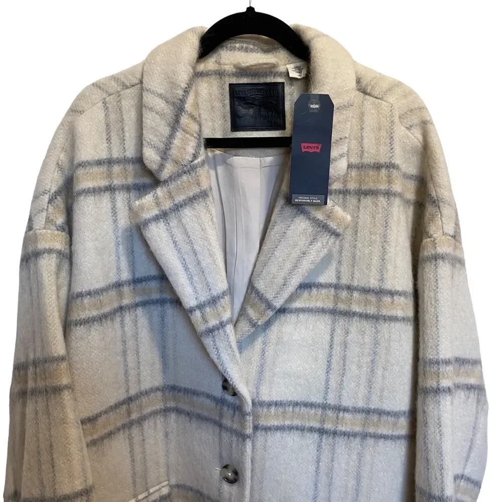 Levi’s Wool Cocoon Coat Plaid Cream Sz L NWT